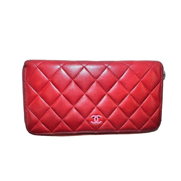 CHANEL Handbags - Authentic Chanel Red Quilted Lambskin Leather Long Wallet